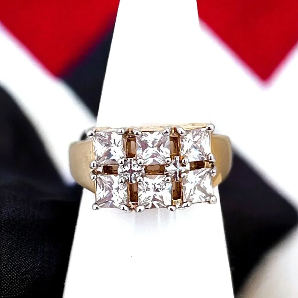 Vintage 1970s CZ Cluster Ring Six Princess Cut Stones Gold Plated Size 7 - 5W